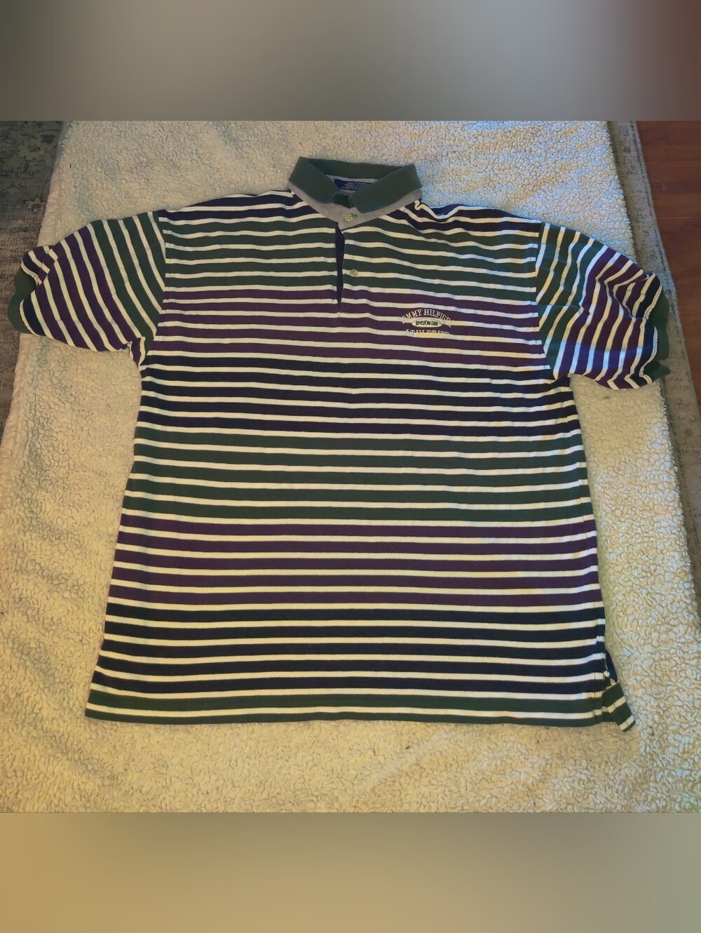 Vintage Tommy Hilfiger Polo Shirt Mens Large Green Purple Blue White Stripe